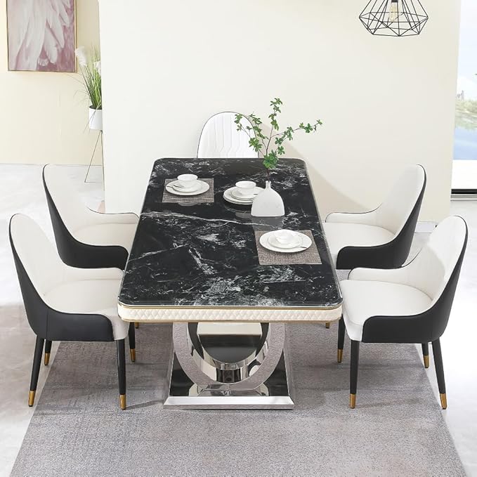 Modern Rectangular Dining Table for 6-8, Luxury Sintered Stone Kitchen Table with Heavy-Duty Double Circle Stainless Steel Base, Heat-Resistant Furniture for Dining Room (Table)