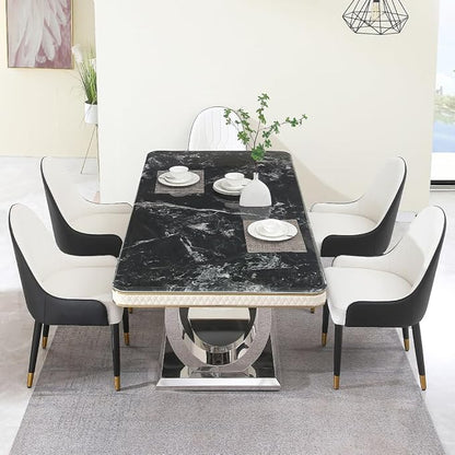 Modern Rectangular Dining Table for 6-8, Luxury Sintered Stone Kitchen Table with Heavy-Duty Double Circle Stainless Steel Base, Heat-Resistant Furniture for Dining Room (Table)
