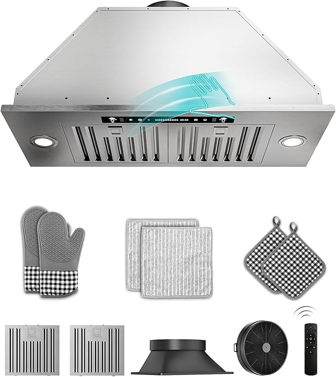 30 inch Stainless Steel Insert Range Hood - 900 CFM, Gesture Control, Ultra-Quiet 4-Speed Vent, LED Lights, Ducted/Ductless Convertible