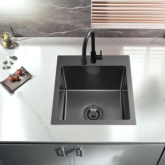 15x17 Inch Black Bar Sink Drop In Kitchen Sink, Topmount Stainless Steel Square Small Sinks, Single Bowl Kitchen Sinks for Laundry Wet Bar Prep RV Office Outdoor Yard with Grid & Drain