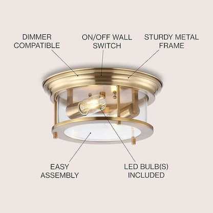 JONATHAN Y 13.25" Brass Gold 2-Light LED Flush Mount Ceiling Light Fixture, Modern Clear Glass Drum Shade, Industrial Farmhouse Lighting for Kitchen Hallway Bedroom JYL7446A