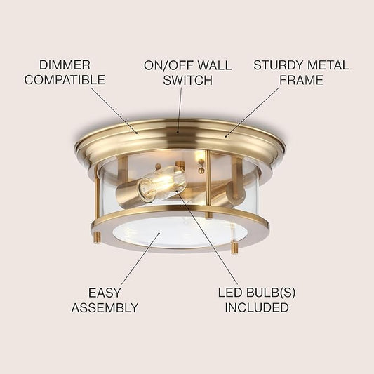 JONATHAN Y 13.25" Brass Gold 2-Light LED Flush Mount Ceiling Light Fixture, Modern Clear Glass Drum Shade, Industrial Farmhouse Lighting for Kitchen Hallway Bedroom JYL7446A