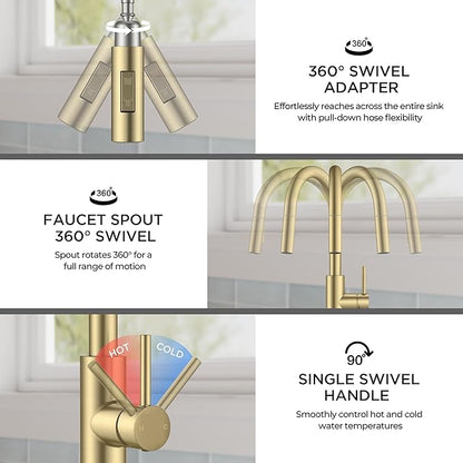 FORIOUS Gold Kitchen Faucet with Pull Down Sprayer, Modern Single Hole Kitchen Sink Faucet with Soap Dispenser, Deck Plate, Single Handle, High Arc Stainless Steel for RV Bar Farmhouse Laundry