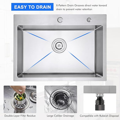 MENATT 25 Inch Drop in Kitchen Sink Brushed, 18 Gauge Stainless Steel 2 Holes Single Bowl Topmount Kitchen Sinks with Drain Assembly & Grid, D25"xW18"xH9"
