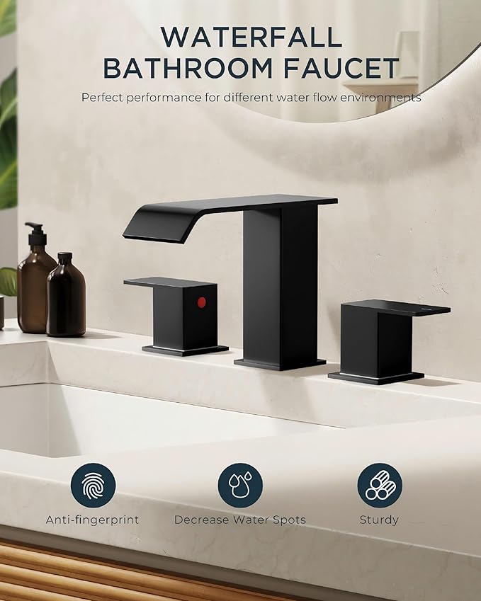 FORIOUS Bathroom Faucets 3 Hole, Matte Black 8 Inch Widespread Bathroom Sink Faucet Waterfall Spout, with Pop Up Drain and Water Supply, Suitable for Vanity Rv Commercial Lavatory Restroom
