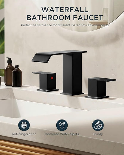 FORIOUS Bathroom Faucets 3 Hole, Matte Black 8 Inch Widespread Bathroom Sink Faucet Waterfall Spout, with Pop Up Drain and Water Supply, Suitable for Vanity Rv Commercial Lavatory Restroom