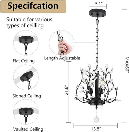 Small Black Crystal Chandelier, Farmhouse 3-Light Branch Crystal Pendant Light with 47.2'' Adjustable Chain, Vintage 13.8'' Ceiling Hanging Light Fixture for Dining Room, Kitchen, Entryway