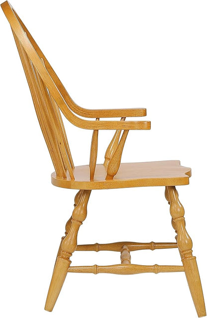 Sunset Trading Oak Selections Windsor Spindleback Dining Chair with Arms | Fully Assembled Kitchen Armchair| Modern Farmhouse Minimalist Country Cottage | Light Oak Solid Wood