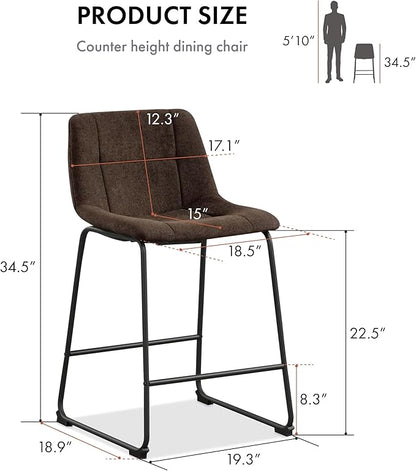 Furniture of America Veradis Modern Bentwood Counter Height Dining Chairs Set of 2, Chenille Fabric Bar Stool with Back and Metal Frame, Upholstered Seating for Kitchen, Living Room, Brown, 35 inch