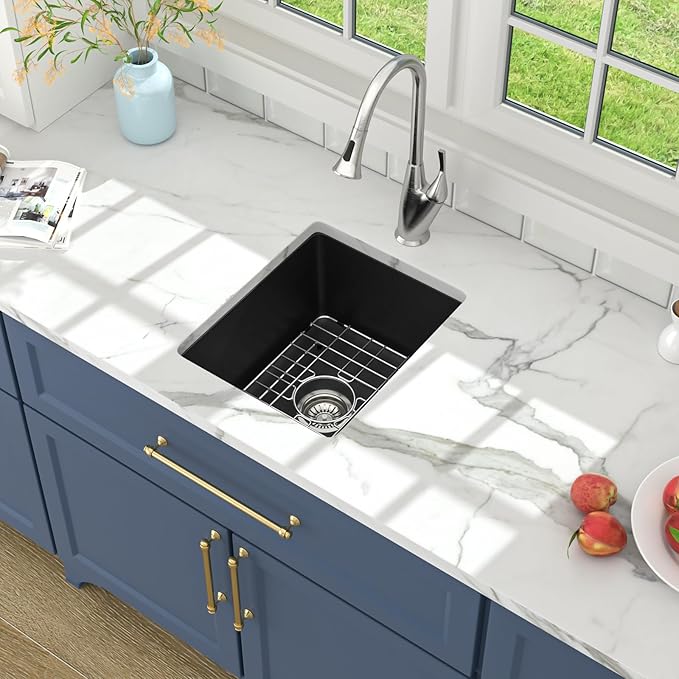 Lordear 15 Black Bar Sink Composite Granite - 15x18 Inch Black Undermount Sinks Small Granite Composite Quartz RV Wet Bar Camper Mobile Home Sink Basin
