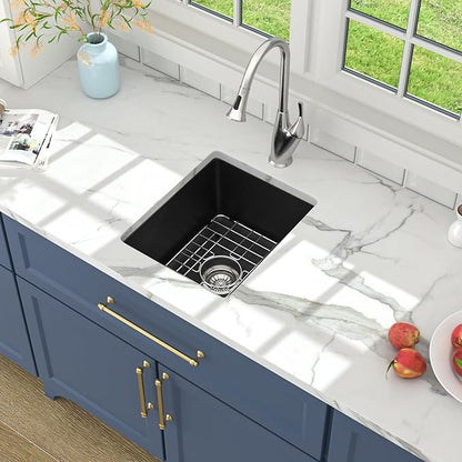 Lordear 15 Black Bar Sink Composite Granite - 15x18 Inch Black Undermount Sinks Small Granite Composite Quartz RV Wet Bar Camper Mobile Home Sink Basin