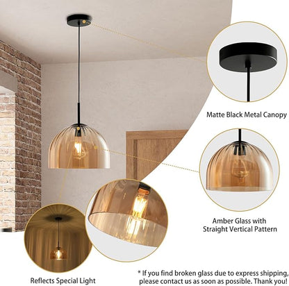 Modern Dome Pendant Lighting Fixture Kitchen Island, 11.8 Inch Large Boho Chandelier, Rustic Farmhouse Industrial Hanging Lamp Ceiling Lights with Amber Glass Bell Lampshade