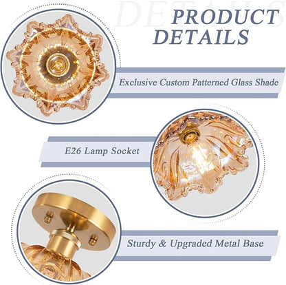 Semi Flush Mount Ceiling Light,Vintage Lights Fixture Ceiling E26 Base，Amber Shade Glass Hallway Light Fixture for Porch Kitchen Bedroom, Bulb Included