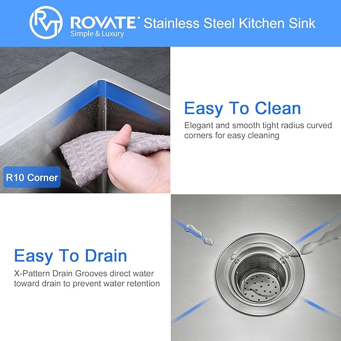 ROVATE 24 x 18 inch Drop-in Kitchen Sink Single Bowl, Topmount Stainless Steel Sink with1 Hole, Handmade Overmount Kitchen or Bar Sinks with Basket Strainer