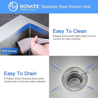 ROVATE 24 x 18 inch Drop-in Kitchen Sink Single Bowl, Topmount Stainless Steel Sink with1 Hole, Handmade Overmount Kitchen or Bar Sinks with Basket Strainer