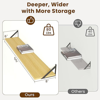 Acovy 55" Long Wall Mounted Floating Shelves,8 inch Deep Floating Shelf with Metal Brackets Set of 2,Easy-to-Install Wall Decor Storage Ledges for Living Room,Bathroom,Bedroom,Kitchen,Office,Oak