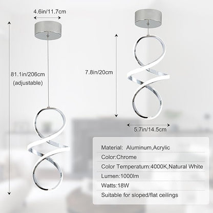 MAYNA Spiral Modern Pendant Light, 4000K Natural White LED Pendant Lights Kitchen Island, 18W Adjustable Height Island Lights for Kitchen Bedroom Dinning Room Living Room, 1 Pack (Chrome)