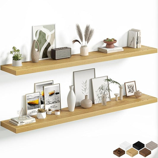 Fun Memories 72 Inch Floating Shelves, 12 Inch Deep Wall Shelf for Fireplace Mantel, Oak Deep Storage Shelves for Home & Office, Long Floating Shelf with Invisible Bracket, Set of 2