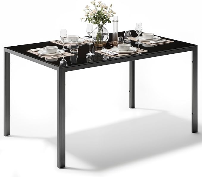 Modern Black Glass Table with Tempered Glass Top, Rectangular Dining Table, Space Saving for Apartments & Small Places, 47.25", Black