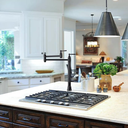 Pot Filler Deck Mount, ARCORA Pot Filler Black Kitchen Folding Faucet 2 Handle with Stretchable Double Joint Swing Arms Brass Stove Faucet Matte Black