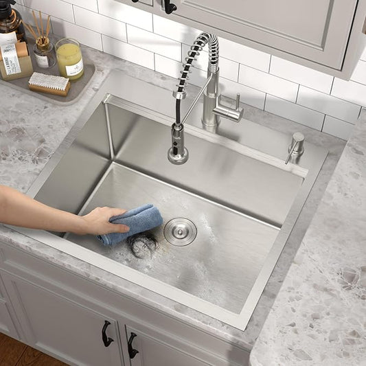 Outdoor Kitchen Sink - Drop In Utility Sink with Faucet Combo 25x22x12 Topmount Workstation 16 Gauge Stainless Steel Single Bowl Sinks for Laundry Room, Outdoor, Garage #TLT-0063