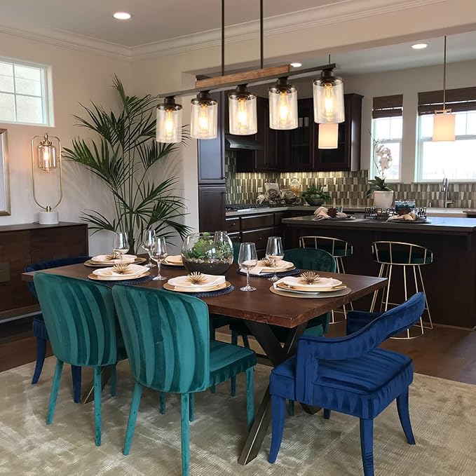 Dining Room Light Fixture,5-Light Kitchen Island Lighting Farmhouse Chandelier,Matte Black Metal Wood Industrial Pendant Lighting,Modern Dining Table Lights