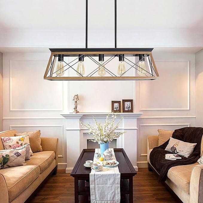Farmhouse Chandeliers for Dining Room, Rustic Kitchen Island Light Fixture, 5-Light Linear Pendant Lighting Rectangular Chandelier, Metal Solid Ceiling Lights