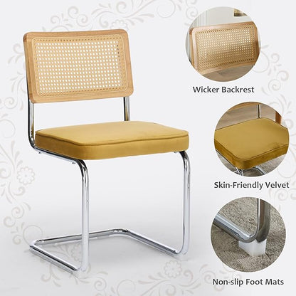 Rattan Back Dining Chairs Set of 2, Breuer Design Modern Upholstered Dining Room Chairs with Steel Frame for Dining Room, Kitchen Island,Velvet(Gold)