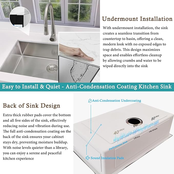 33x19 Undermount Kitchen Sink, Delironexu 33 Inch Undermount Kitchen Sink, 16 Gauge 304 Stainless Steel Single Bowl Kitchen Sink, Large 33x19 Kitchen Sink with Accessories
