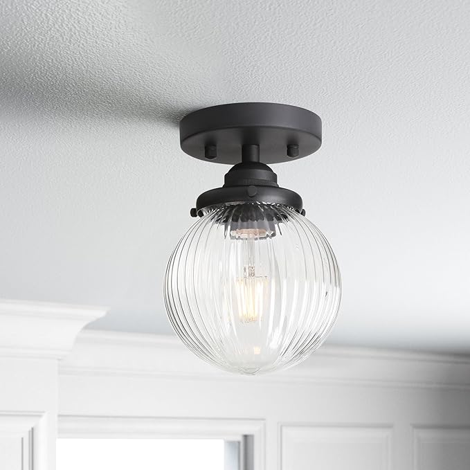 Yosoan 1-Light Indoor Flush Mount Hallway Ceiling Light, Single Modern Hardwired Vintage Industrial Retro Textured Striped Round Shade Farmhouse Lamp for Corridor Kitchen Bathroom Bedroom(Black)