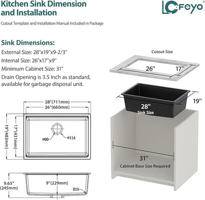 28x19 Inch Undermount Kitchen Sink, Matte Black Granite Composite Ledge Workstation Quartz Sink, Single Bowl Deep Under Counter Sink