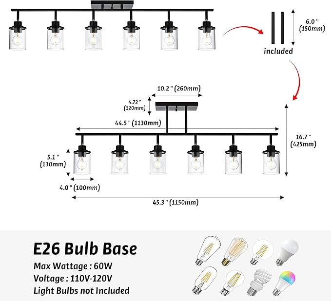 6-Light Track Lighting Kit Directional Bathoom Lights Over Mirror Industrial Black Kitchen Track Lighting Fixtures Ceiling with 6 Rotatable Light Heads, Clear Glass Shade
