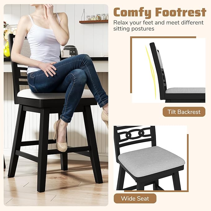 Giantex 25" Bar Stools Set of 2, Modern Counter Height Tall Chairs w/Padded & Hollowed Backs, Rubber Wood Frame, 360° Swivel Upholstered Barstools for Kitchen Island, Pub, Cafe