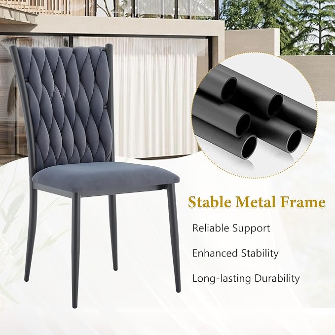 Upholstered Dining Chairs Set of 4, Hand-Woven Back Kitchen Chair, Luxury Gold Dining Chairs,Velvet Upholstery with Metal Legs, Modern Velvet Chair for Dining Room、Kitchen、Restaurant