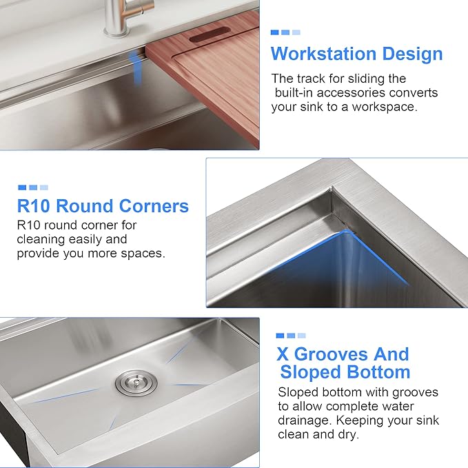 30x22 Inch Farmhouse Kitchen Sink – Workstation Apron Front, ALWEN Single Bowl Sink, 16 Gauge Scratch-Resistant Stainless Steel, R10 Radius, Ledge & Accessories Included