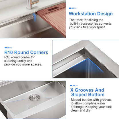 30x22 Inch Farmhouse Kitchen Sink – Workstation Apron Front, ALWEN Single Bowl Sink, 16 Gauge Scratch-Resistant Stainless Steel, R10 Radius, Ledge & Accessories Included