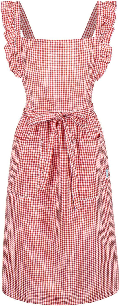 Vintage Gingham Apron for Women, Ruffle Straps, 2 Pockets, Soft Cotton, Apron Dress Style for Cooking & Baking