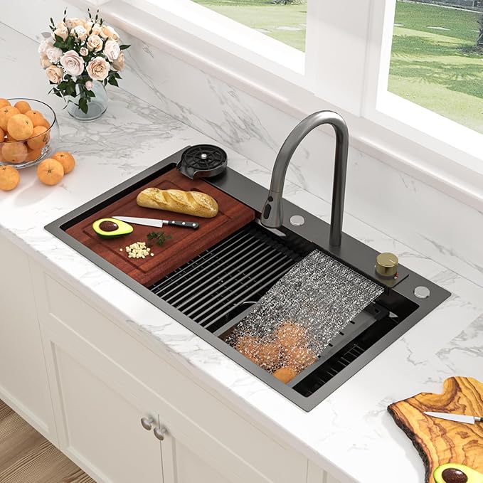 Sarlai 33 Inch Waterfall Kitchen Sink - 33x19 Black Waterfall Drop In Sink Workstation Stainless Steel 16 Gauge Sink Multifunction Single Bowl Smart Top Mount Kitchen Sinks with Faucet Combo