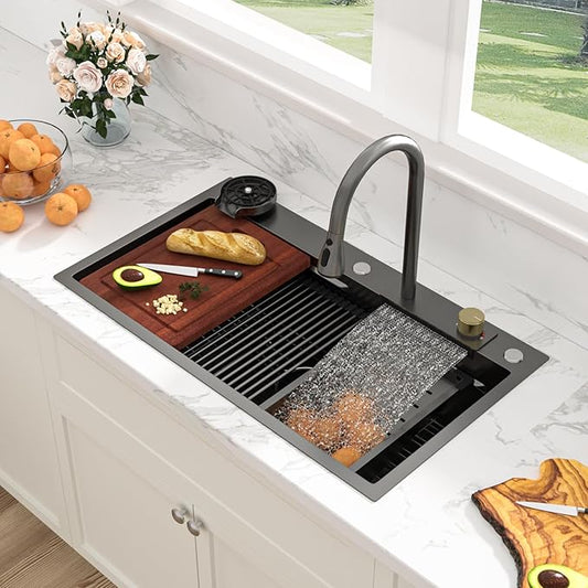 Sarlai 33 Inch Waterfall Kitchen Sink - 33x19 Black Waterfall Drop In Sink Workstation Stainless Steel 16 Gauge Sink Multifunction Single Bowl Smart Top Mount Kitchen Sinks with Faucet Combo