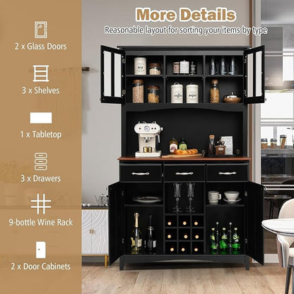 LOKO Kitchen Hutch Storage Cabinet, Sideboard Buffet Kitchen Cupboard with 4 Doors, 3 Drawers, 5 Adjustable Shelves and 9 Wine Grids, 44 x 17 x 72.5 inches (Black)