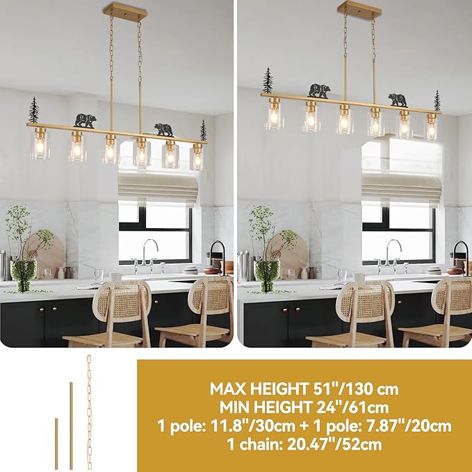 Gold Dining Room Light Fixture/Chandelier Over Table,6-Light Kitchen Island Lighting Hanging for Farmhouse Linear Chandeliers Ceiling Pendant Light Fixtures with Clear Glass Shade