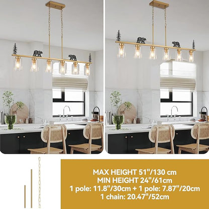 Gold Dining Room Light Fixture/Chandelier Over Table,6-Light Kitchen Island Lighting Hanging for Farmhouse Linear Chandeliers Ceiling Pendant Light Fixtures with Clear Glass Shade