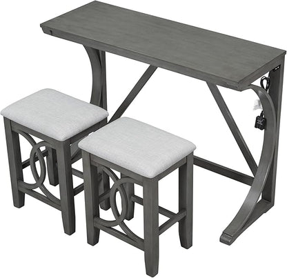 Rustic Dining Table Set, Farmhouse 3-Piece Counter Height Dining Table Set with USB Port and Upholstered Stools for Small Places (Gray/Farmhouse-A)