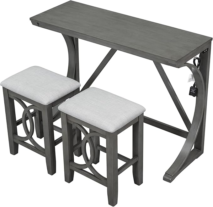Merax Farmhouse 3-Piece Counter Height Dining Table Set with USB Port and 2 Upholstered Stools, Gray