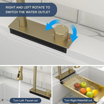 33 Waterfall Kitchen Sink Drop In - Lordear 33x22 Kitchen Sinks White Quartz Granite Composite Multifuctional Workstation Single Bowl Topmount Sink with Pull Out Faucet