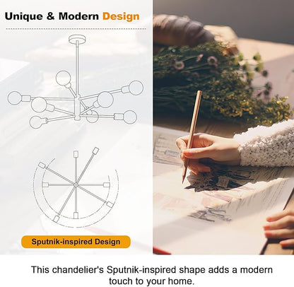 30" Modern Chandelier Ceiling Light Fixture, 8-Light Sputnik Chandeliers Brown and Gold Mid Century Chandelier Over Table, Height Adjustable Chandeliers for Dining Room Kitchen (Bulbs Not Included)