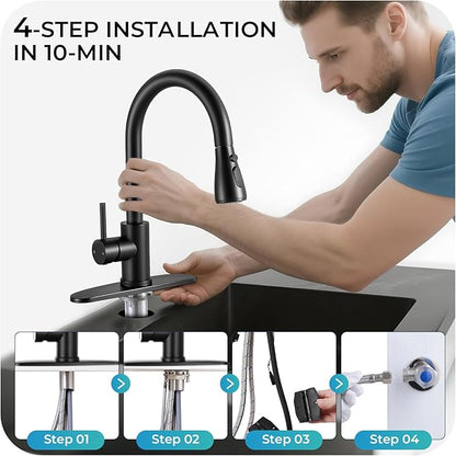 Pull Down Kitchen Faucet with Soap Dispenser - Matte Black Single Handle Kitchen Faucets, High Arc Stainless Steel Pull Out Kitchen Sink Faucet with Deck for RV Laundry Farmhouse Bar