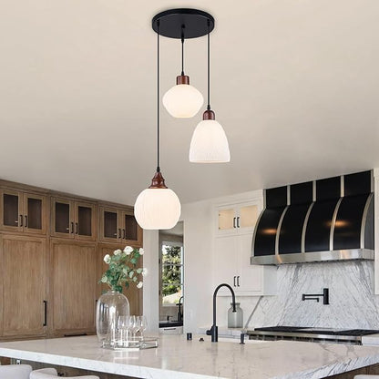 Cluster Pendant Lights for Kitchen Island, 3-Light Pendant Light Fixtures with 3D Printed Ribbed Shade, Adjustable Hanging Pendant Light for Dining Room