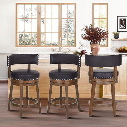 COLAMY Swivel Bar Stools Set of 3, Swivel Counter Height Barstools, 25 Inch Upholstered Barstools for Kitchen Island Dining Room Bar, Dark Brown