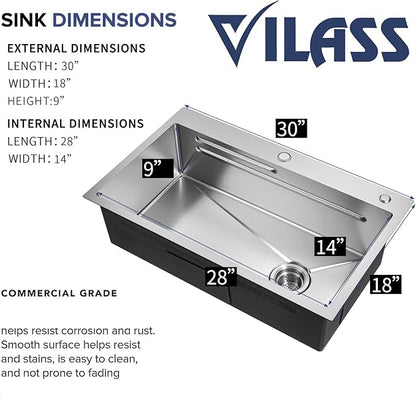 Kitchen Sink 30 Inch Drop In Kitchen Sink With Faucet Modern Stainless Steel Sink Top Mount Workstation Single Bowl Kitchen Sinks